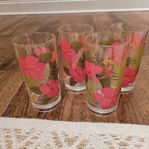 Set of 4 Tropical Summer Pink Floral Drinking Glasses